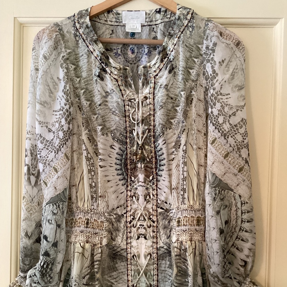 Camilla 100% Silk Daintree Dreaming Lace Up Shirred Waist Dress Blouson Sleeves - Picture 5 of 16
